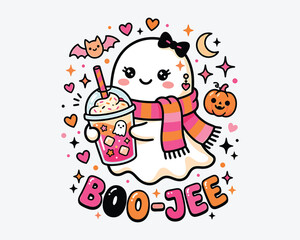 Fototapeta premium Halloween ghost boo jee cartoon character with boo jee drink