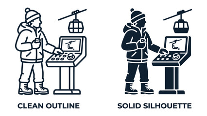 Ski Lift Operator Control Panel Icons: A split image displaying two icons of a ski lift operator controlling the machinery from a console. © Mohammad