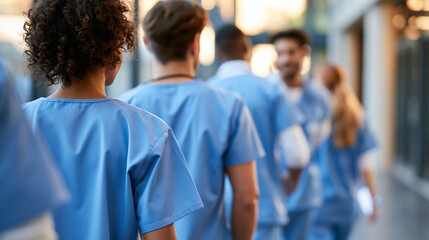 Obraz premium Faceless group of medical staff and students in scrubs walking together down a bright corridor seen from behind soft daylight distant shot medical education hospital