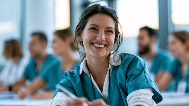 Faceless group of nursing students in teal scrubs gathered around a smiling classmate holding a pen at a bright study table soft daylight and clean interior medical education