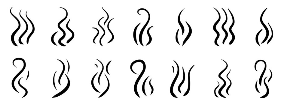 Vector collection of hand-drawn vapor clouds and fragrant fumes. Sketch elements depicting heat waves, cooking steam, and aromatic swirls in minimalist outline form. Set of smells steam doodles