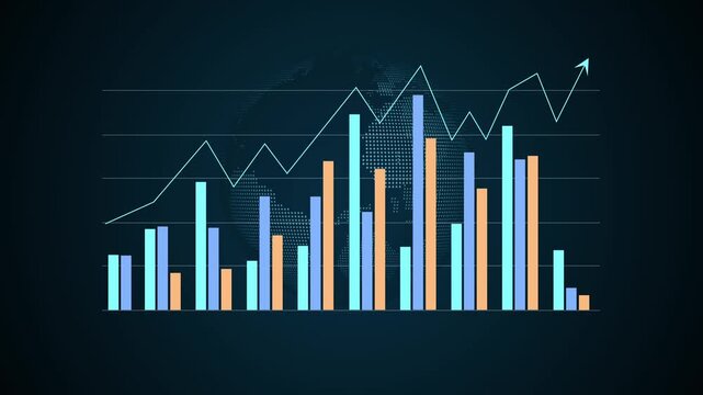 Stylized bar chart and rising line graph business growth and financial performance animation