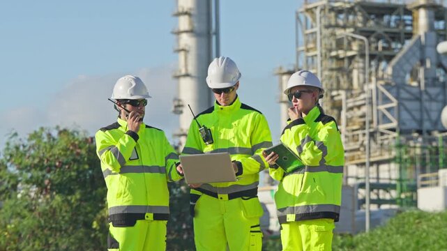 Team of engineers in safety gear collaborating on a construction site with industrial equipment in background
