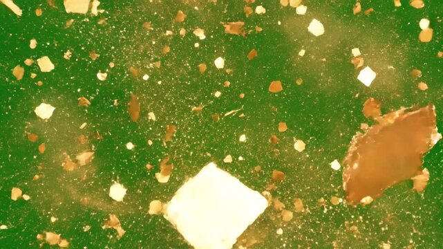 A video captures gold confetti exploding in green environment with shiny fragments.