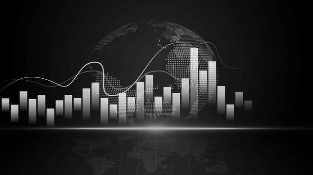 Financial chart with rising bars line graph and globe animation, showing business growth market data and global economy
