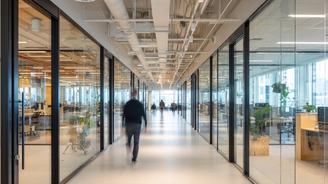 Modern office hallway with glass walls and blurred figures walking