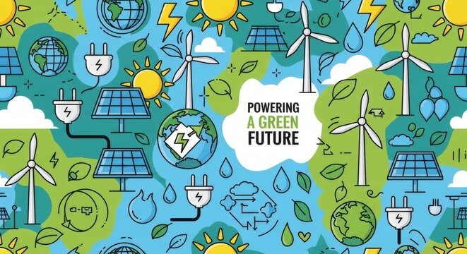 Green Future Renewable Energy Seamless Pattern with Solar and Wind Icons.