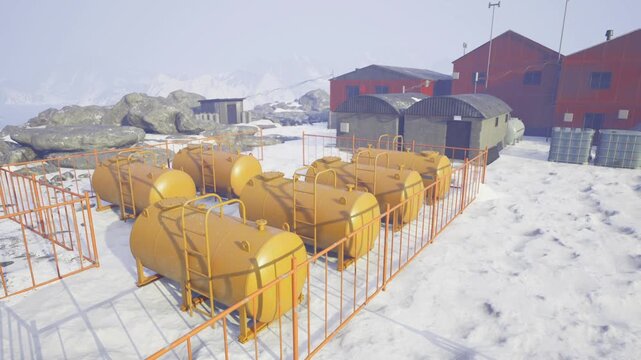 row of yellow tanks on snow, fenced perimeter with safety signage and maintenance access ladders, red base huts in background, industrial pipes and connectors,