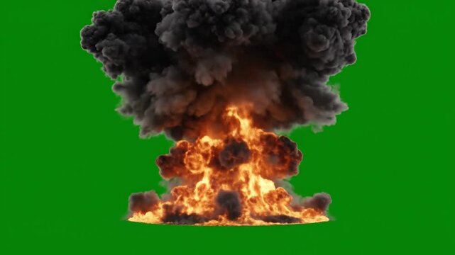 A massive explosion with flames and smoke rises high in a Video recording.