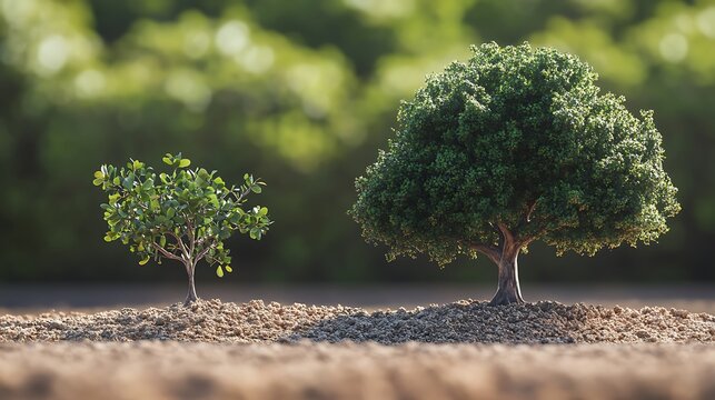 Two small trees growing in soil, one larger than the other, against a blurred green background.