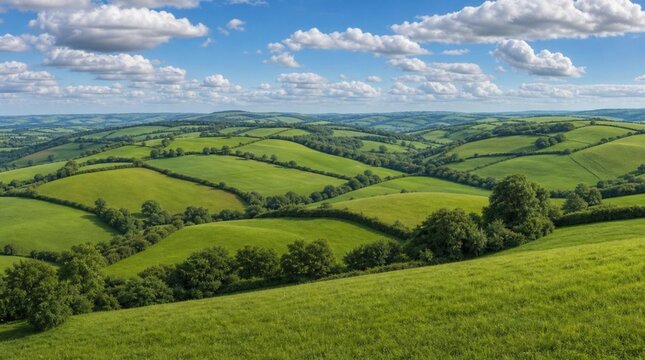 Expansive rolling green countryside divided by winding hedgerows and scattered trees, extending toward a distant horizon beneath a brilliant blue sky filled with soft white clouds