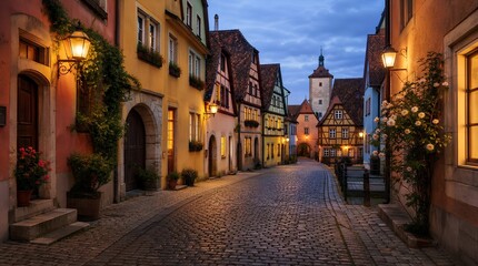 Fototapeta premium A charming cobblestone alley in a medieval European town lined with half-timbered colorful buildings and glowing vintage street lamps at dusk, ideal for travel and tourism content.