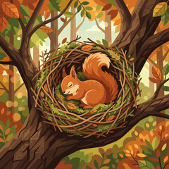 A small squirrel sleeps peacefully inside a cozy nest in autumn © yuniarti