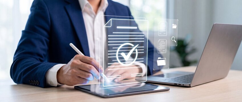 Businessman signing digital document on tablet with holographic checkmark icon for electronic signature, paperless office, and contract approval concept