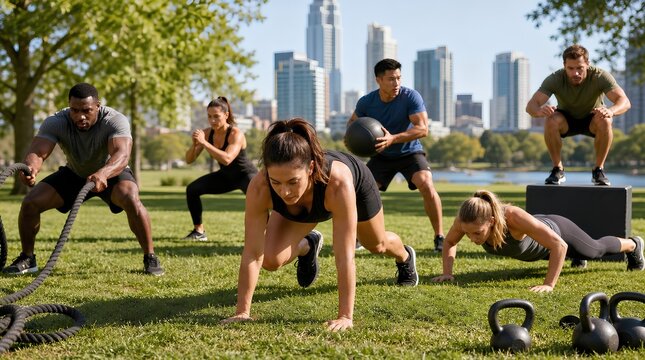 Diverse group of young adults doing boot camp exercises including push-ups, battle ropes, medicine ball squats, and box jumps in a city park with skyline in the background