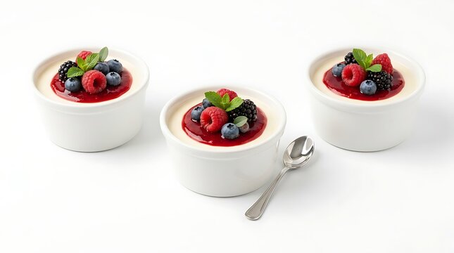Three creme brulee desserts with berry compote and fresh mint garnish