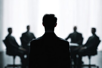 Fototapeta premium A man in a suit stands facing a group of people in a dimly lit room