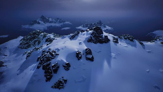 Hidden station by snowy cliffs. Remotely located scientific station overlooking frozen cliff face with shimmering reflections on rugged rocks