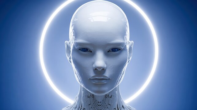 Andromeda's Gaze: A close-up portrait of a futuristic android, its serene face framed by a glowing blue halo, hinting at advanced technology and artificial intelligence.