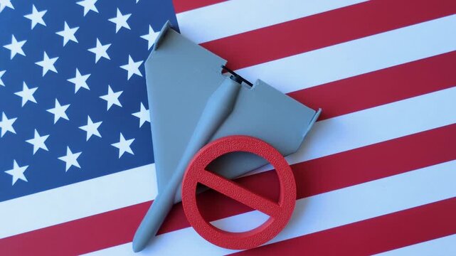 A Shahed drone featuring a prohibition symbol on the US flag, serving as a conceptual background
