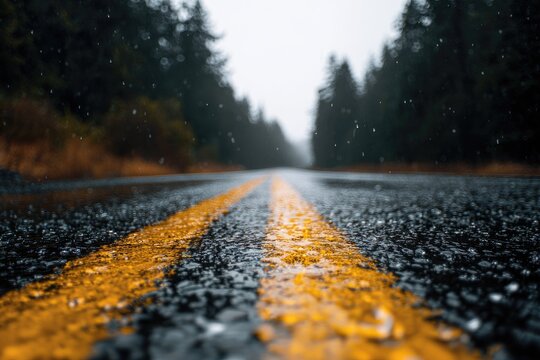 Wet asphalt road with yellow lines through a misty forest