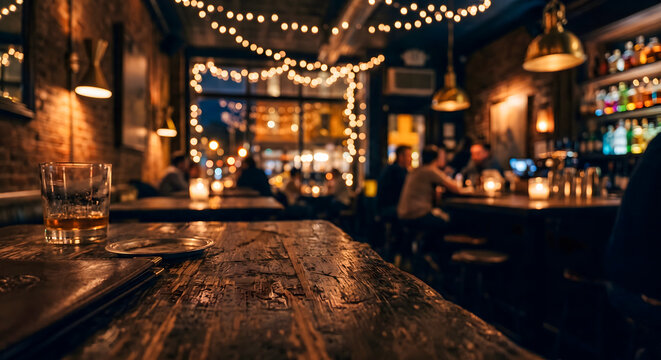 Cozy bar interior at night with string lights and people blurred in the background