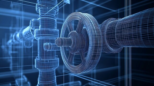 Wireframe model of industrial pipeline valve.