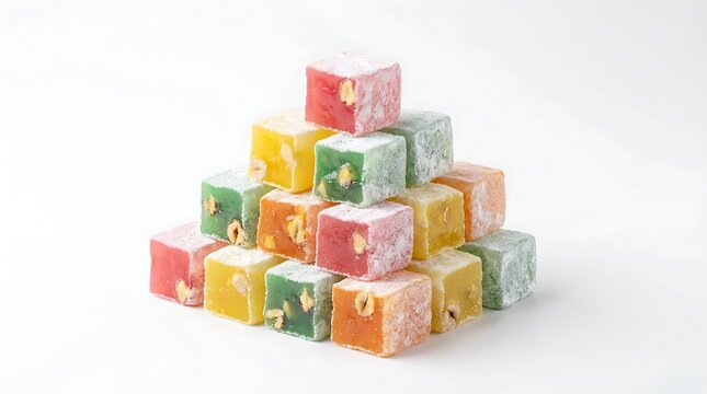 Assorted turkish delight stacked high pistachio and fruit flavors