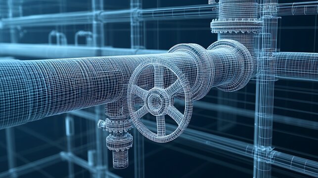 Wireframe model of industrial pipeline with valve.