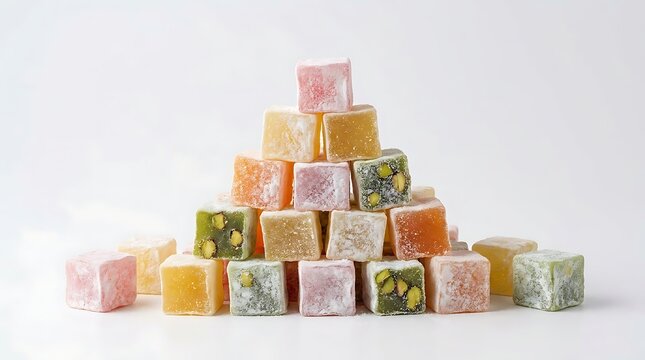 Assorted turkish delight stacked high on white background