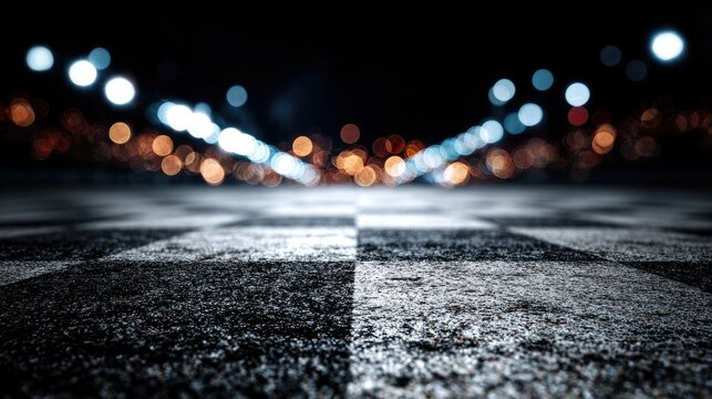 A checkered surface recedes into a blurred, glowing night cityscape