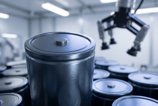 Cylindrical lithium battery cell with robotic gripper in automated production