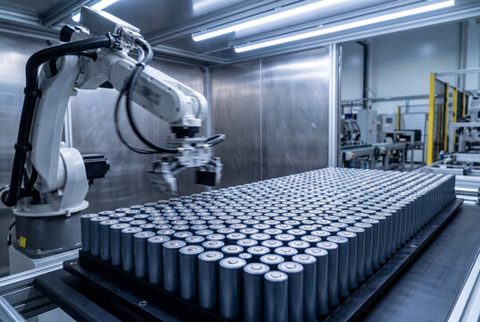 Industrial robot handling cylindrical lithium battery cells in automated production