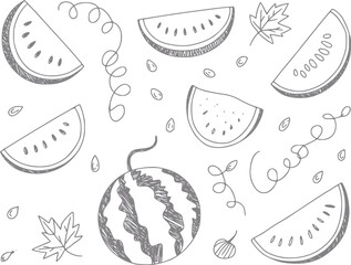 Obraz premium Hand-drawn watermelon slices and seeds pattern with leaves