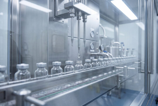 Automated pharmaceutical filling line dispensing liquid into sterile glass vials