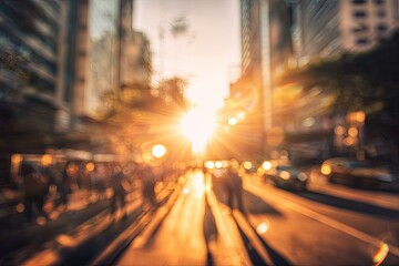 Fototapeta premium Golden hour sunburst illuminates a blurred, bustling city street with pedestrians