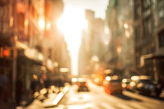 Sunlit urban streetscape with blurred buildings, vehicles, and pedestrians
