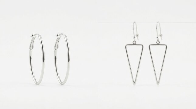 Minimalist silver hoop and geometric earrings set on white background