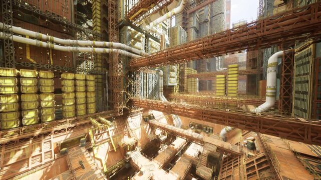 abandoned foundry with sunlit voids and rusted girders, empty catwalks and dusty tanks create melancholic atmosphere, peeling paint and cobwebs accentuate