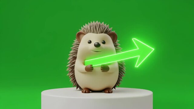 Adorable Hedgehog Character Rotating with Green Arrow Animation on Pedestal