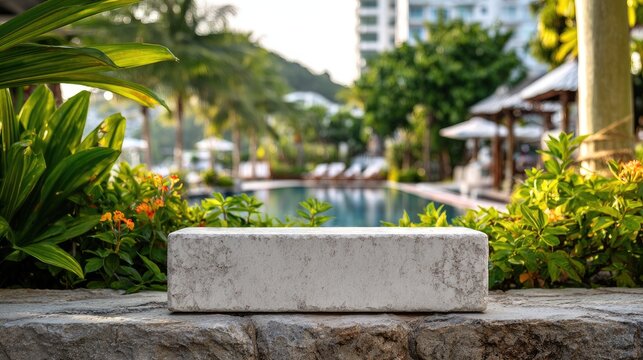 Stone podium in lush garden, poolside resort setting, sunlit