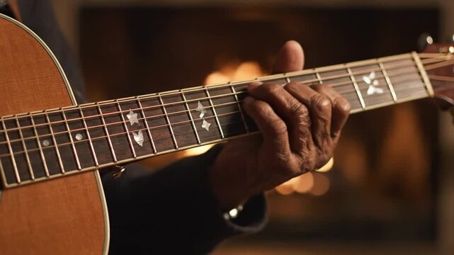 Mastering guitar chords by the fire in a cozy living room setting during the evening