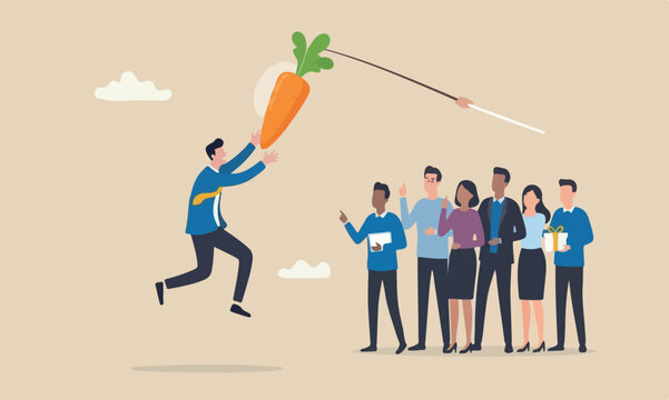 Motivation employee meeting teams together manipulation concept, seduced businessman jump in the air to catch tempting carrot baiting lure from the stick