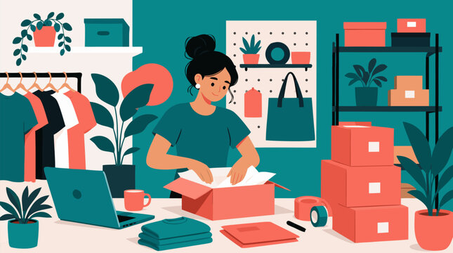Clean flat vector illustration on a light background shows a small business owner packing online orders among boxes and apparel, useful for ecommerce marketing.