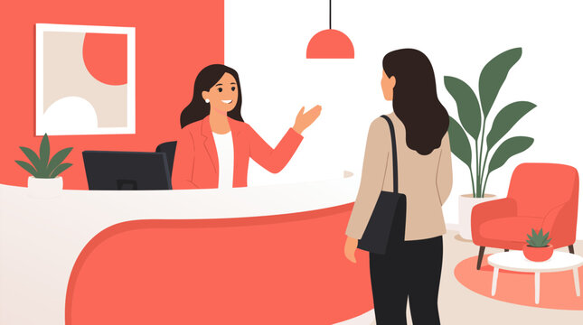 Clean flat vector illustration on a light background showing a receptionist greeting a visitor at a modern front desk, ideal for customer service or office branding.
