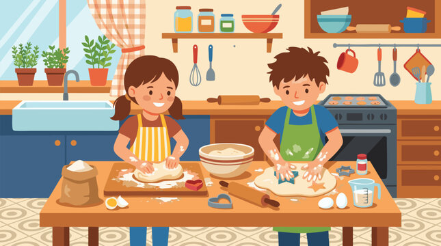A clean flat vector illustration shows two children baking dough in a bright home kitchen, useful for cooking classes, family activity blogs, or recipe promotions.