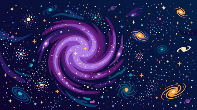 Clean flat vector illustration of a vibrant spiral galaxy, stars, planets, and nebulae on a dark light-speckled space background, ideal for astronomy posters and science banners.