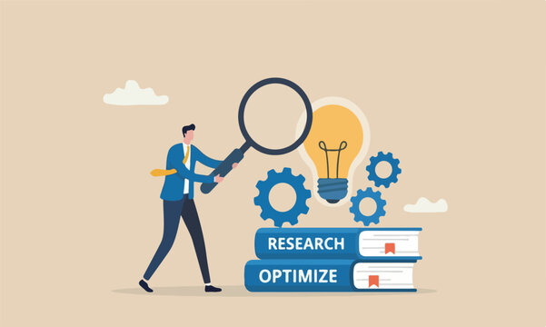 Product development books process to launch new product, project management or productivity concept, businessman with magnifier with lightbulb idea with cog wheels