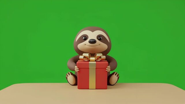 Adorable sloth character holding gift box with green screen background during festive celebration