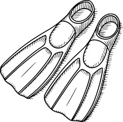 A black and white hand-drawn of a pair of swimming flippers for snorkeling and diving © Ripa_Moni